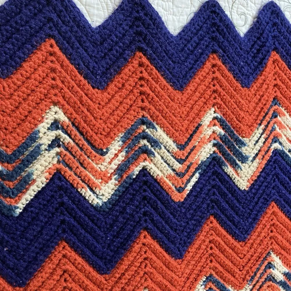 Vtg Handmade Crochet Afghan Throw Zig Zag Chevron Approx 50X65 Blue Orange Bears